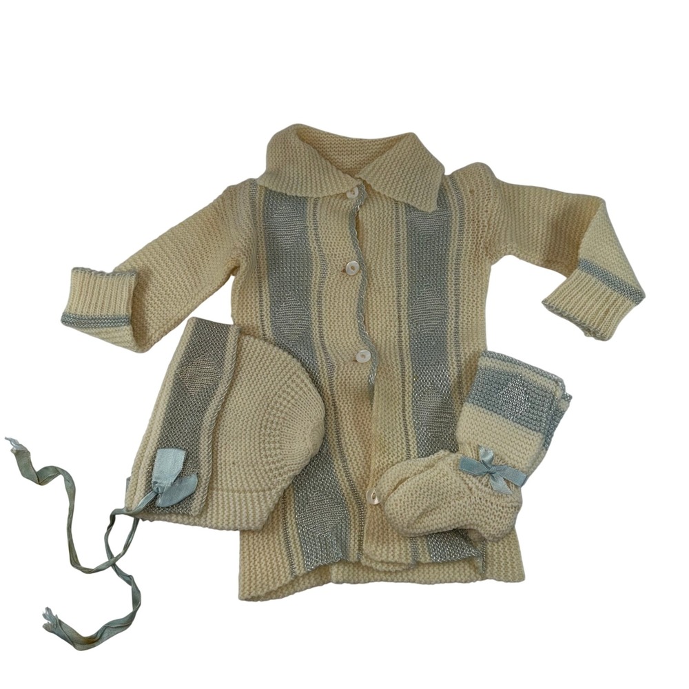 Vintage Hand Knit Baby Sweater Set Cream Blue Metallic Cardigan Bonnets 3 Piece